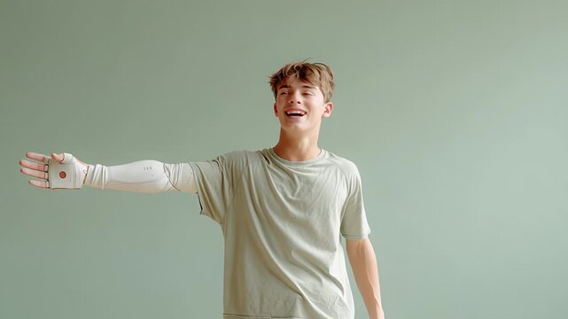 Confident young man with prosthetic arms standing against minimalist background