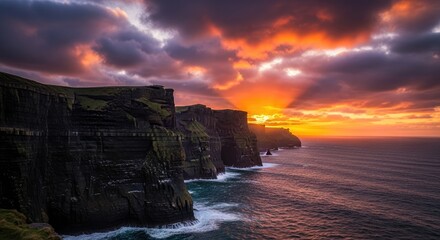 Dramatic sunset over rugged coastal cliffs with vibrant orange sky