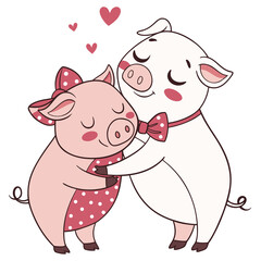 pig couple hugging each other white background