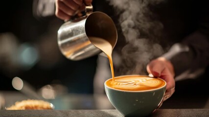 Barista pouring milk into coffee cup creating latte art in cafe with warm light steam mood aesthetic