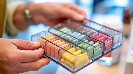 Caregiver carefully arranges colorful pills into a weekly pillbox focus on hands with background softly blurred to emphasize organization during medication management visit.