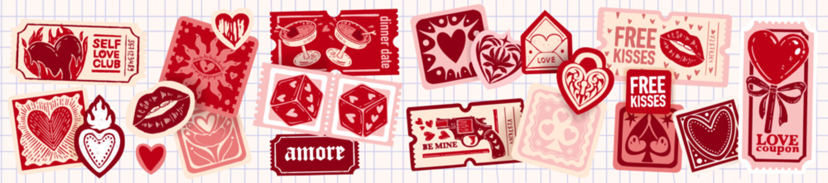 Love sticker Valentine day coupon, romantic holiday ticket print vector set, doodle hand drawn patch. February celebration cartoon badge heart sign, scrapbook mail stamps. Date love sticker design