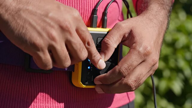 Person operating portable audio device
