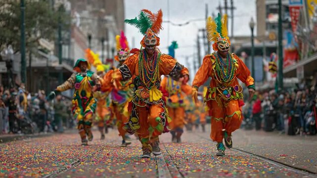 Colorful carnival dancers running on city street during festive parade celebration energy joy lively