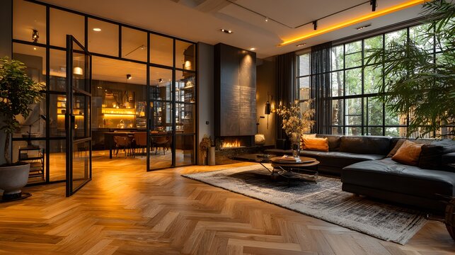 Sophisticated living room interior with black-framed glass partition doors and herringbone wood flooring, revealing a dining area behind.