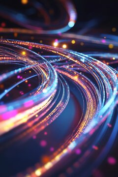 Swirls of information flow through fiber optics along a digital communication network in a dark environment illuminated by lights