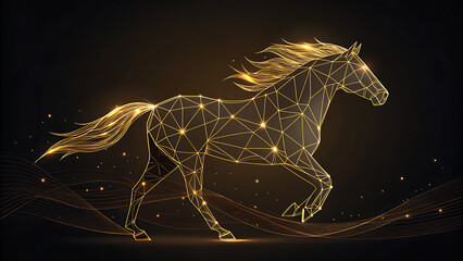 Golden horse illustration with geometric shapes and stars