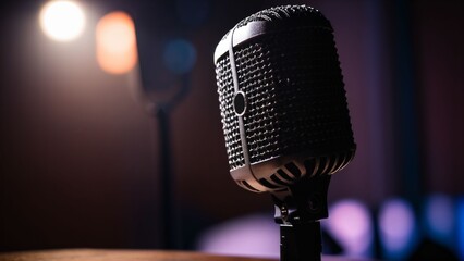 Retro Microphone on Wooden Table with Stage Lights in Background