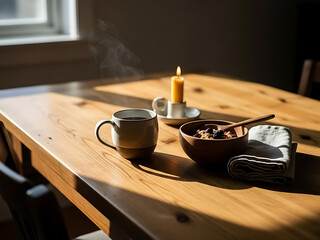 Coffee and Breakfast Bowl on Wooden Table in Cozy Kitchen