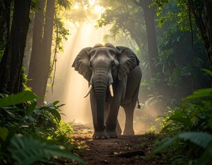 Fototapeta premium Elephant walking in jungle wildlife nature photography majestic animal scene tropical forest image