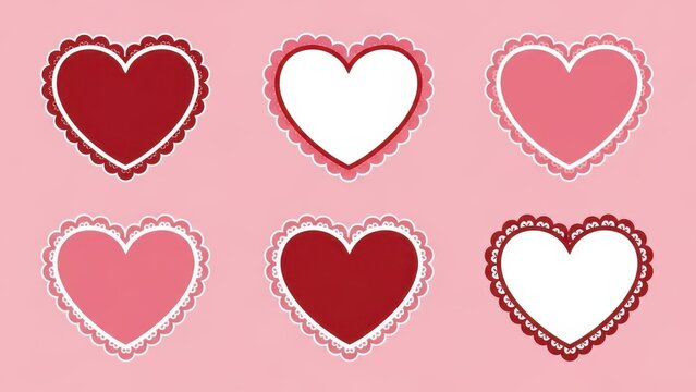 alentine Scalloped edge heart shapes set. hand drawn vintage frill ornament. Fabric laces and ribbons frame. Heart shape frame badge