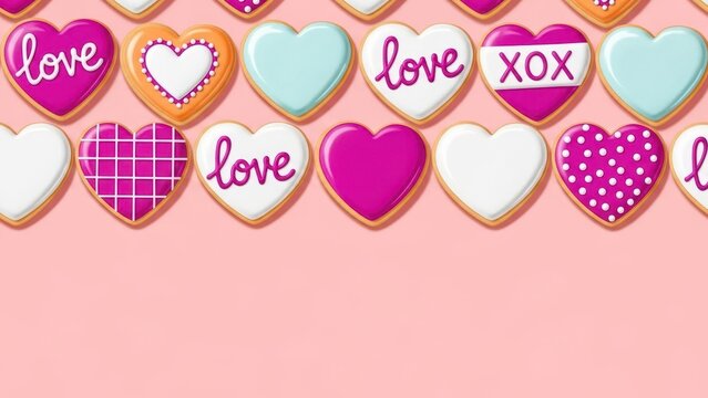 Valentine's Day banner - heart shaped cookie assortment with red white icing decoration designs.