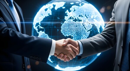 Business professionals shaking hands in front of a glowing digital globe symbolizing global partnership and international corporate agreements