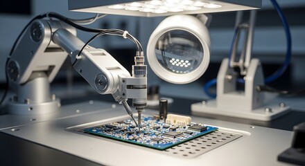 Automated robotic arm precisely inspects or solders delicate electronic components on a complex printed circuit board under bright illumination.
