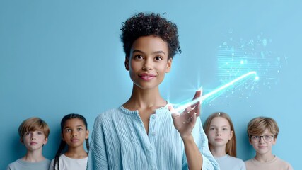 Diverse children and woman with digital interface on blue background - Powered by Adobe