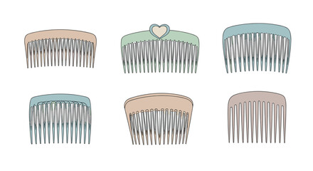 An assortment of six stylish hair combs, each featuring a unique design and soft color palette, including a heart-shaped one, isolated on white.