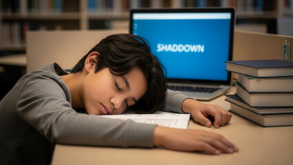 Asian boy resting head on desk in school library, exhaustion and academic stress during study session