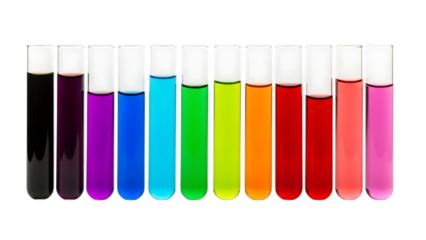 Vibrant colorful liquids in test tubes isolated on transparent background