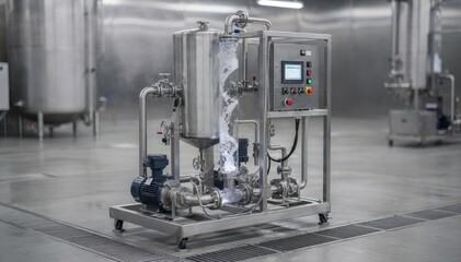 Medium shot of a singletank cleaninplace skid system in action showcasing automated cleaning cycles with circulating solutions inside an industrial processing facility.