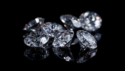 Close-up of multiple radiant gemstones, sparkling against a dark, reflective background