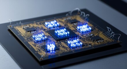 Futuristic microchip technology displays glowing blue quantum processors emitting complex digital computation energy on a circuit board.