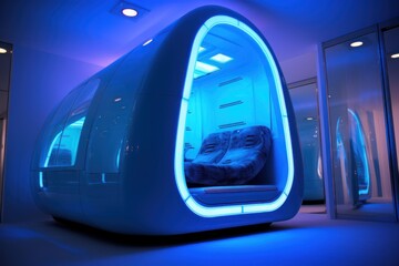 Modern self driving capsule featuring sleek design and glowing interior for urban mobility