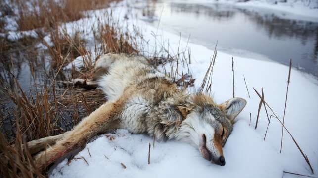 A deceased coyote lies in melting snow and floodwater at a swampy roadside, shot and abandoned among reeds, a somber scene of wildlife, predator control, and harsh winter survival