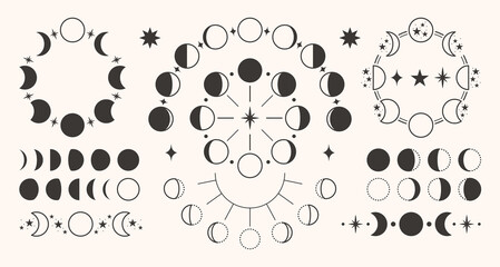 Moon phase icon with crescent and eclipse shape for lunar cycle, astronomy mystic symbol. Cosmic vector design celestial calendar, magic boho minimalist tattoo. Astrology hipster logo tribal clipart © WinWin