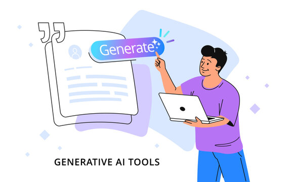AI generative online tools and services for users. Flat gradient vector illustration of happy man standing with laptop and pointing to button generate