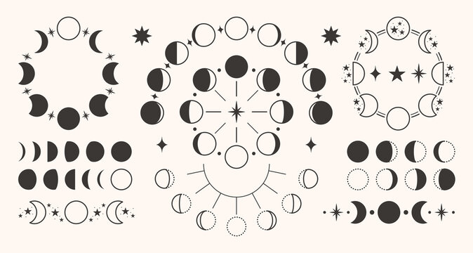 Moon phase icon with crescent and eclipse shape for lunar cycle, astronomy mystic symbol. Cosmic vector design celestial calendar, magic boho minimalist tattoo. Astrology hipster logo tribal clipart