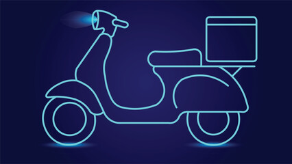 Glowing neon delivery scooter line art on dark blue background with courier box concept ideal for food delivery shipping logistics posters banners apps and branding advertising use