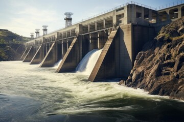 Powerful water flow through concrete dam structure producing clean renewable energy