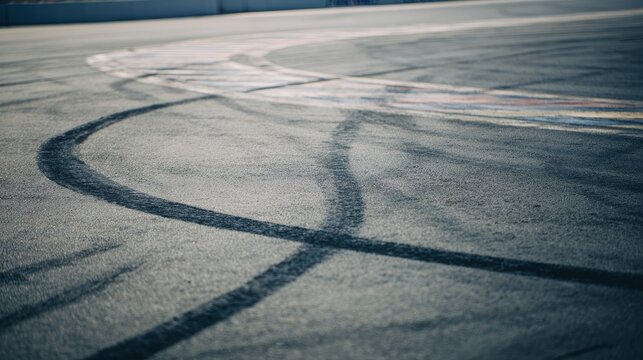 Close-up of black rubber tire tracks and skid marks on gray asphalt race track after high-speed racing, capturing motion, speed, and competitive action of professional motorsport - Powered by Adobe