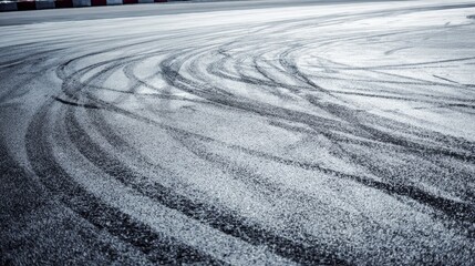 Close-up of black rubber tire tracks and skid marks on gray asphalt race track after high-speed racing, capturing motion, speed, and competitive action of professional motorsport
