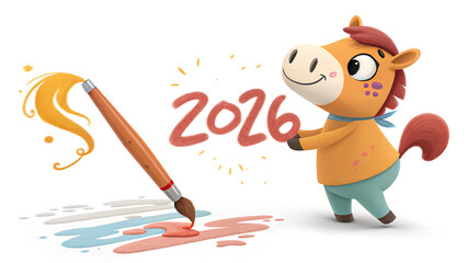 Fototapeta premium Happy cartoon horse painting the year 2026 with a brush