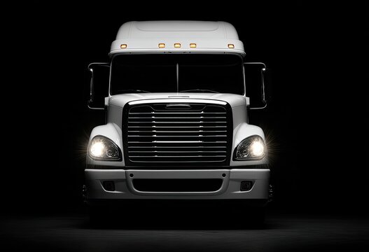 Front view of a white semi-truck with headlights on, illuminated against a black background