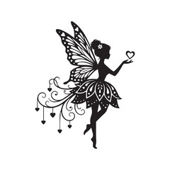 Magical Fairy Silhouette Holding Heart with Butterfly Wings Vector Illustration
