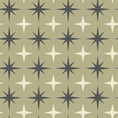 Mid Century Modern atomic starbursts in Taupe and beige seamless pattern on sage green background. For wallpaper, home d&eacute;cor and fabric