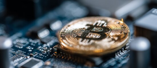 Bitcoin on Computer Circuit Board.