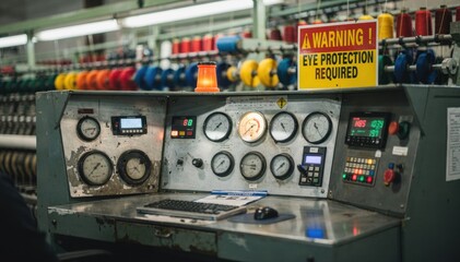Close medium shot of spinning machine control station highlighting safety signage colorful yarn spools and a combination of traditional and modern gauges surrounding the operators