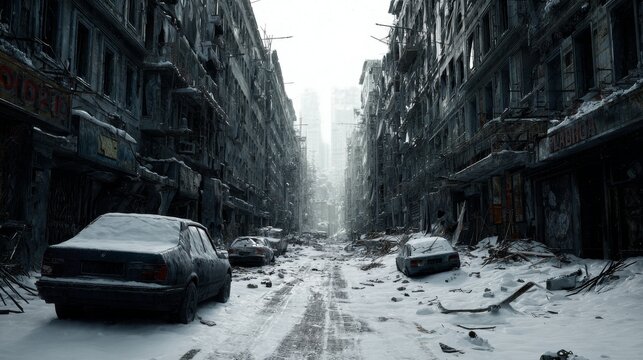 A digitally generated post-nuclear city in winter, featuring ruined architecture, desolate streets, and apocalyptic decay under a bleak sky, illustrating devastation and survival