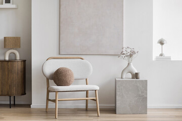 View of modern scandinavian style interior with chair, lamp and trendy vase. Home staging and minimalism concept.