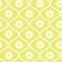 Retro daises flowers on ogee shapes seamless pattern on butter yellow background. For wallpaper, fabric and home d&eacute;cor