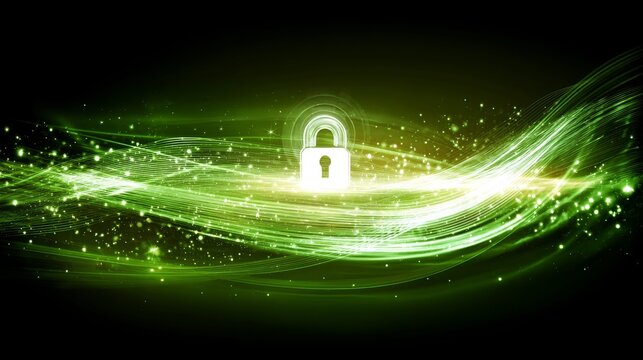 Futuristic green digital illustration of a glowing padlock icon with abstract energy waves and particles, representing cybersecurity, data protection, encryption, and privacy concepts - Powered by Adobe