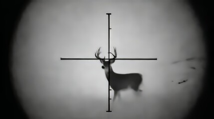 A solitary deer alert in moonlit forest, viewed through rifle scope crosshairs with grainy night vision, a dramatic stylized scene of wildlife observation, hunting, and wilderness survival
