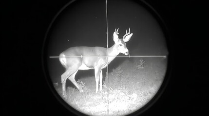 A solitary deer alert in moonlit forest, viewed through rifle scope crosshairs with grainy night vision, a dramatic stylized scene of wildlife observation, hunting, and wilderness survival