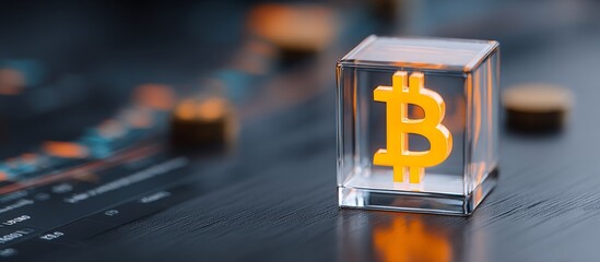 Bitcoin Symbol in Glass Cube.