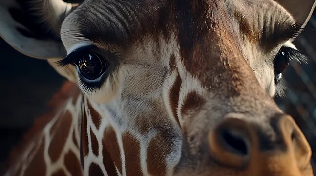 An extreme close-up of a giraffe's face, highlighting its large, dark eye with long lashes. The detailed shot reveals the animal's calm expression and distinctive spotted coat pattern