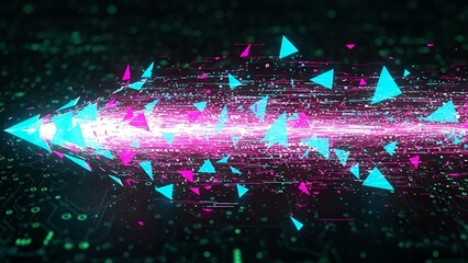 Abstract Neon Arrow with Triangles and Data Stream Digital Background