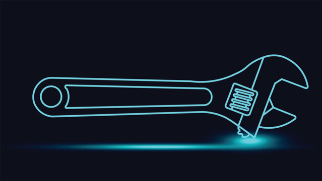 Abstract neon adjustable wrench illustration glowing cyan on dark background ideal for tools repair maintenance engineering industry and modern minimal technology design visuals